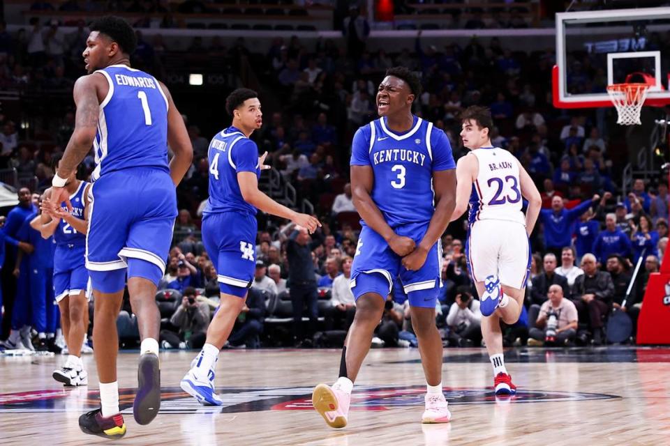 Kentucky’s Adou Thiero (3) put up a double-double of 16 points and 13 rebounds in the Wildcats’ loss to Kansas.