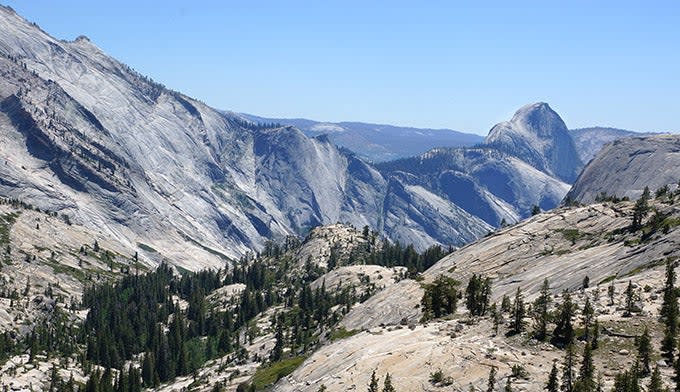 The view of Cloud's Rest (left) and Half Dome (right) from the overlook at the end of the short trail at Olmsted Point.