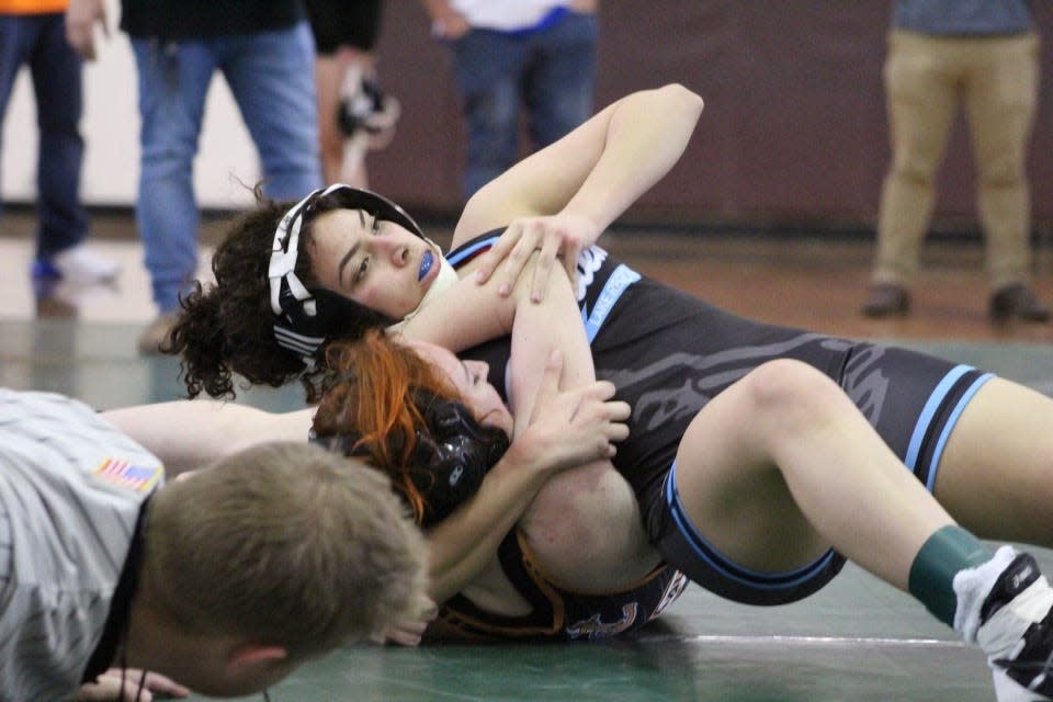 Pictured here in control is Lake Region's Yalexza Platon (115), who is taking on Lakeland's Cameron Coker. Platon placed second, while Coker was third. Wrestling districts was a huge success in its inaugural year. Courtesy photo.