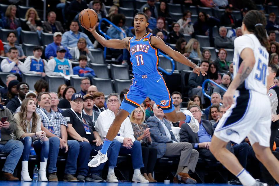 Thunder guard Theo Maledon (11) has averaged 8.8 points a game over two seasons and has made 56 starts.