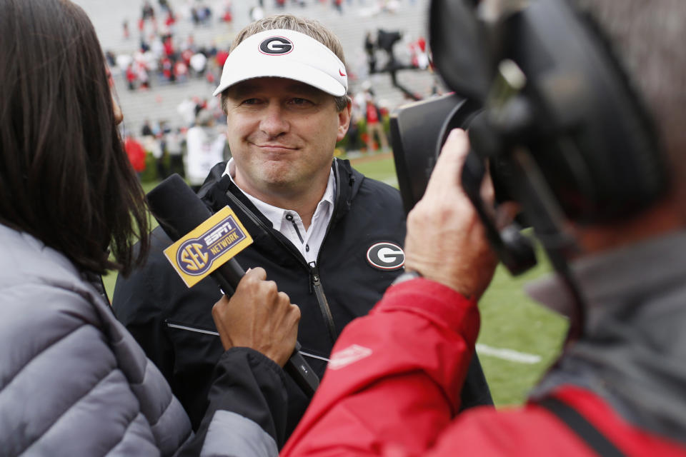 FILE - In this April 20, 2019, file photo, Georgia coach Kirby Smart speaks with the media after an NCAA college football spring game in Athens, Ga. For the first time, the defending national champion Clemson Tigers are No. 1 in The Associated Press preseason Top 25 presented by Regions Bank, Monday, Aug. 19, 2019. Alabama is No. 2, Georgia is No. 3. (Joshua L. Jones/Athens Banner-Herald via AP, File)