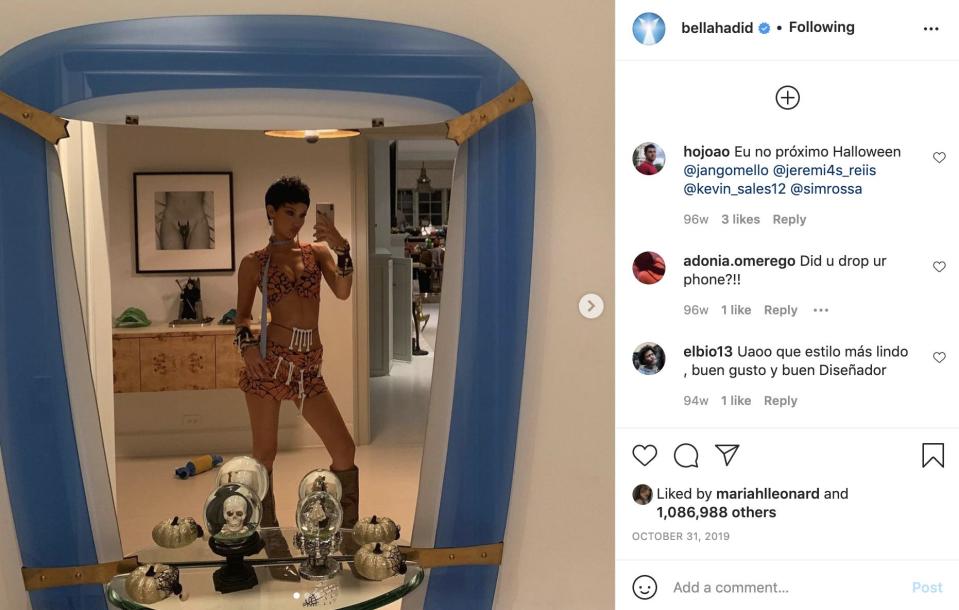 Bella Hadid dressed as Fred Flinstone for Halloween in 2019.