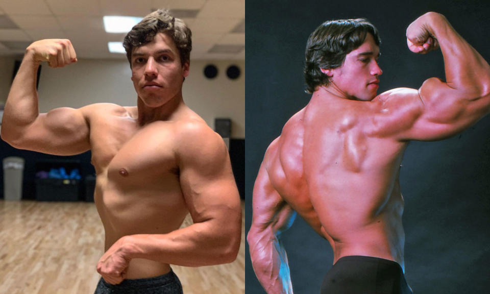 Joseph Baena poses in 2019, as his father Arnold Schwarzenegger did in this October 1976 photo. (Photo: Instagram/Getty Images)