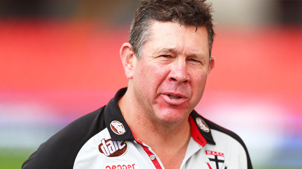 St Kilda coach Brett Ratten was contacted by AFL umpires boss Hayden Kennedy after a massive 48 free kicks were paid in the Saints' win over the Adelaide Crows in Monday. (Photo by Chris Hyde/Getty Images)