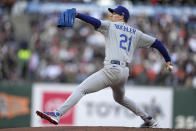 Los Angeles Dodgers starting pitcher Walker Buehler winds up during the first inning of the team's baseball game against the San Francisco Giants on Wednesday, July 28, 2021, in San Francisco. (AP Photo/Tony Avelar)