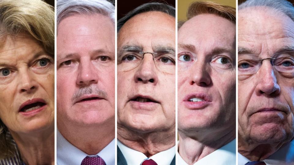 <div class="inline-image__caption"><p>Republican senators up for re-election who are facing Republican primary challengers. From left to right: Sen. Lisa Murkowski (R-AK), Sen. John Hoeven (R-ND), Sen. John Boozman (R-AR), Sen. James Lankford (R-OK), and Sen. Chuck Grassley (R-IA)</p></div> <div class="inline-image__credit">Photo Illustration by The Daily Beast/Getty</div>