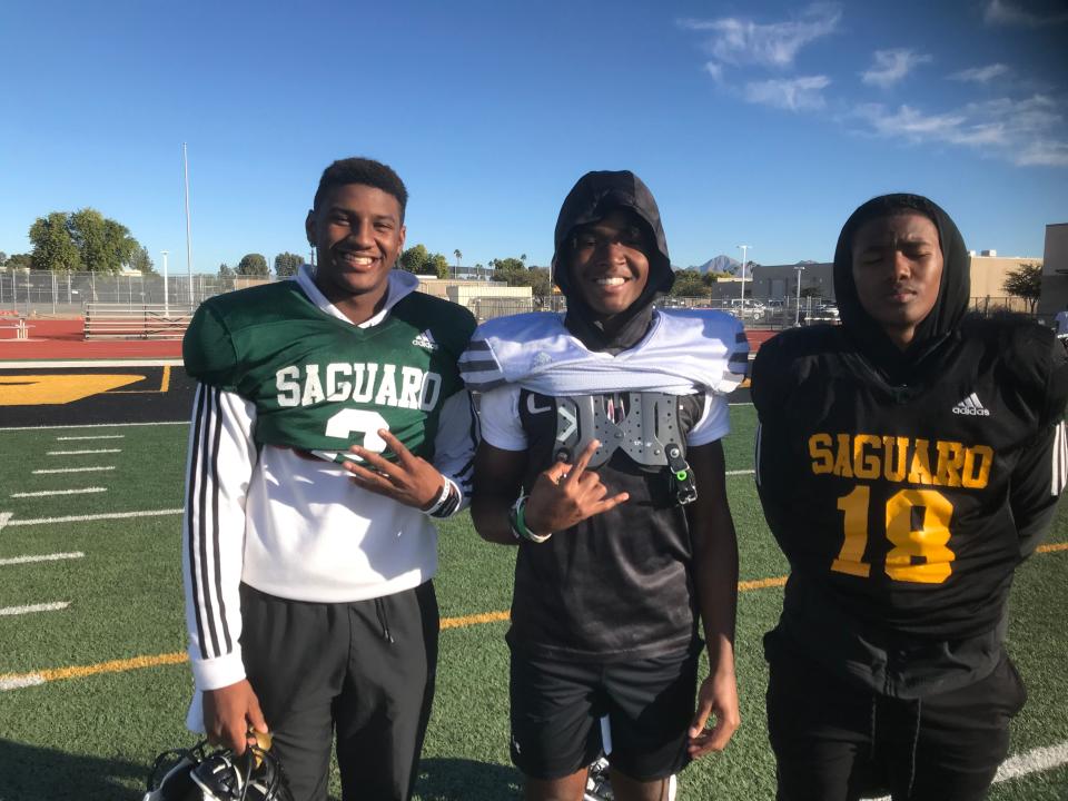 Saguaro junior QB Devon Damier (left) and sophomore playmakers Jaedon Matthews (center) and JoJo Clark have confidence against Hamilton in Open semifinals. Photo by Richard Obert