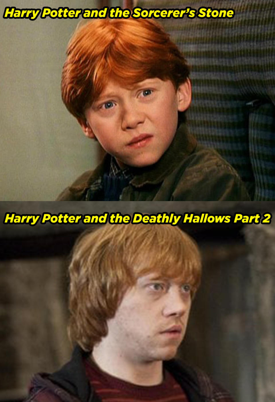 Rupert Grint as a child in the Sorcerer's Stone and teenager in Deathly Hallows Part 2