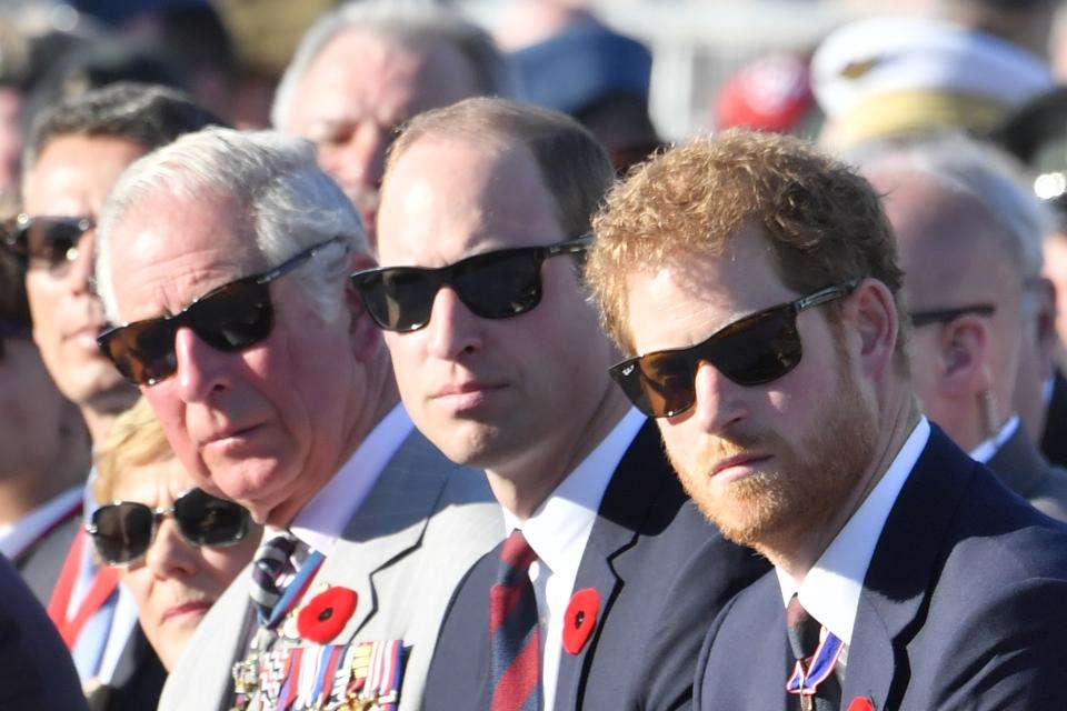 VIMY, FRANCE - APRIL 09:  Prince Charles, Prince William, The Duke of Cambridge and Prince Harry attend a ceremony to mark the centenary of the Battle of Vimy Ridge on April 9, 2017 in Vimy France. (Photo by Arthur Edwards - Pool/Getty Images)