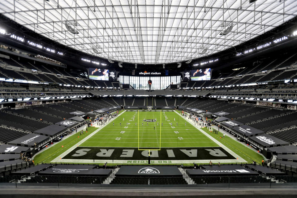 The Las Vegas Raiders kick off to the New Orleans Saints to start Monday night's game. (AP Photo/Isaac Brekken)