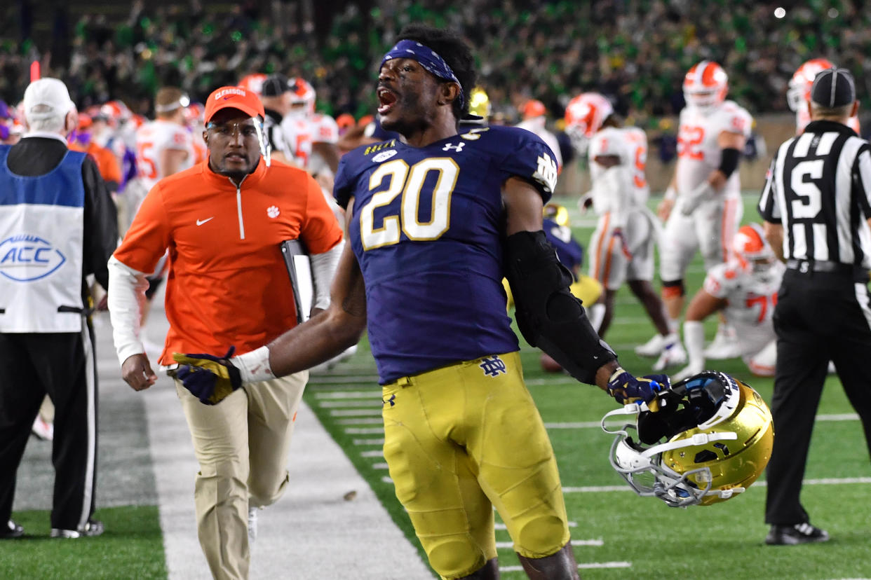 Notre Dame safety Shaun Crawford celebrates after defeating the Clemson Tigers 47-40 in double overtime at Notre Dame Stadium on Nov. 7, 2020. (Matt Cashore-Pool/Getty Images)