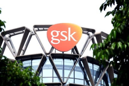 The GSK logo is seen on top of GSK Asia House in Singapore