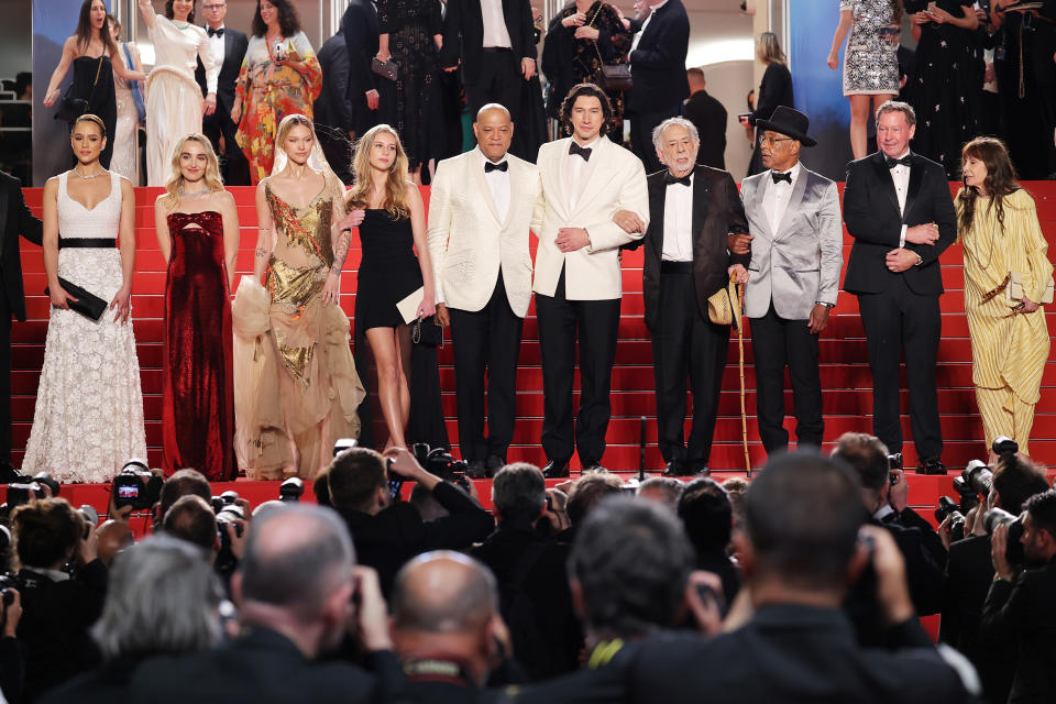 CANNES, FRANCE - MAY 16: (L-R) Nathalie Emmanuel, Chloe Fineman, Grace VanderWaal, Romy Croquet Mars, Laurence Fishburne, Adam Driver, Francis Ford Coppola, Giancarlo Esposito, D. B. Sweeney and Talia Shire attend the 