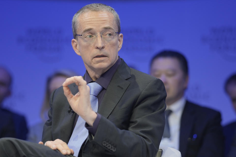 Pat Gelsinger, CEO of Intel Corporation, participates in a panel discussion at the World Economic Forum Annual Meetings in Davos, Switzerland, Wednesday, Jan. 17, 2024. The World Economic Forum Annual Meetings will be held in Davos, Switzerland, Jan. 15-19, 2024. (AP Photo/Markus Schreiber)