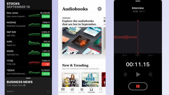 Apple's new Stocks, Books, and Voice Memos apps.