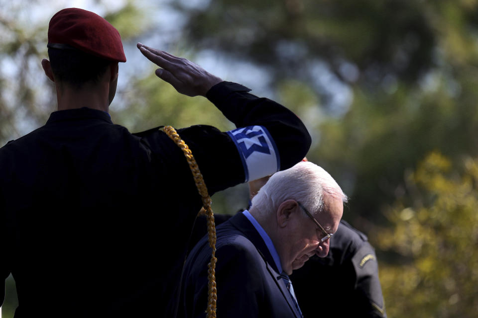 Israel's President Reuven Rivlin reviews a military guard of honor during a welcoming ceremony before a meeting with Cyprus' president Nicos Anastasiades at the presidential palace in divided capital Nicosia, Cyprus, on Tuesday, Feb. 12, 2019. Rivlin is in Cyprus for a one-day official visit for talks. (AP Photo/Petros Karadjias)