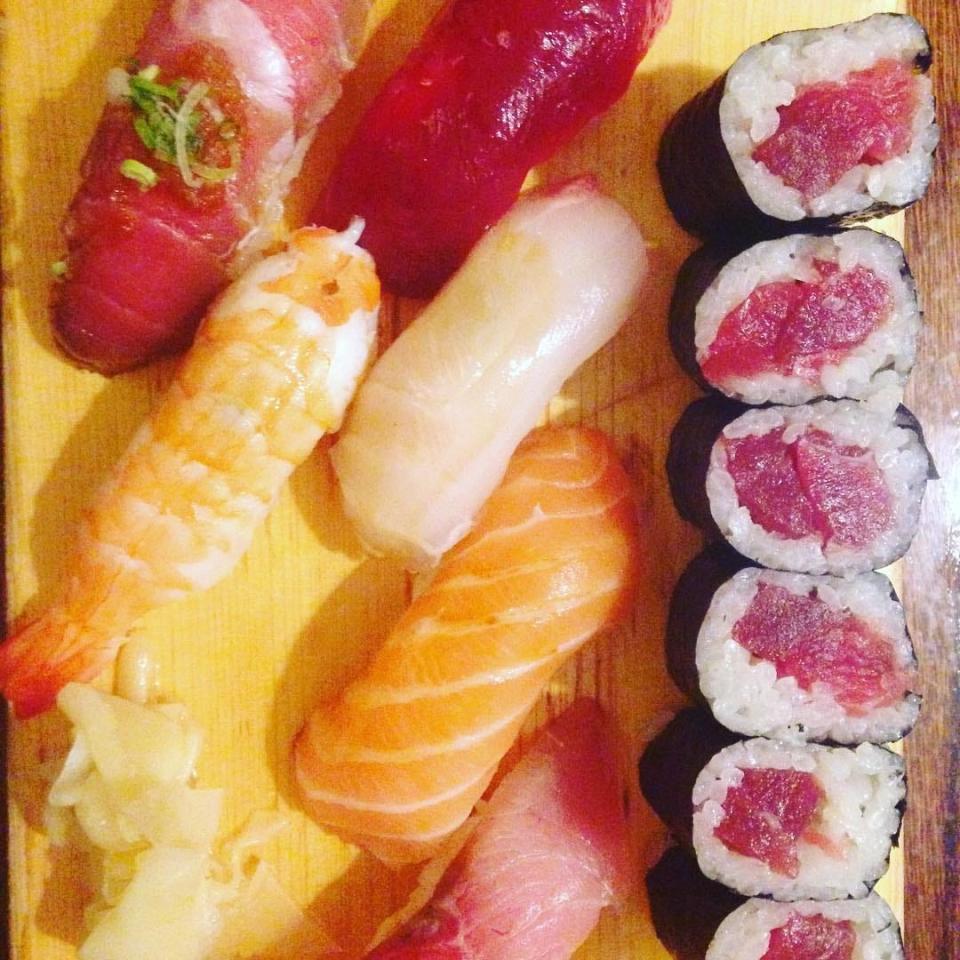 A spread of different kinds of sushi.