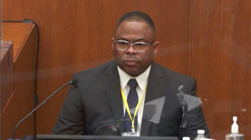 In this image from video, witness Jody Stiger, a Los Angeles Police Department sergeant testifies as Hennepin County Judge Peter Cahill presides Wednesday, April 7, 2021.