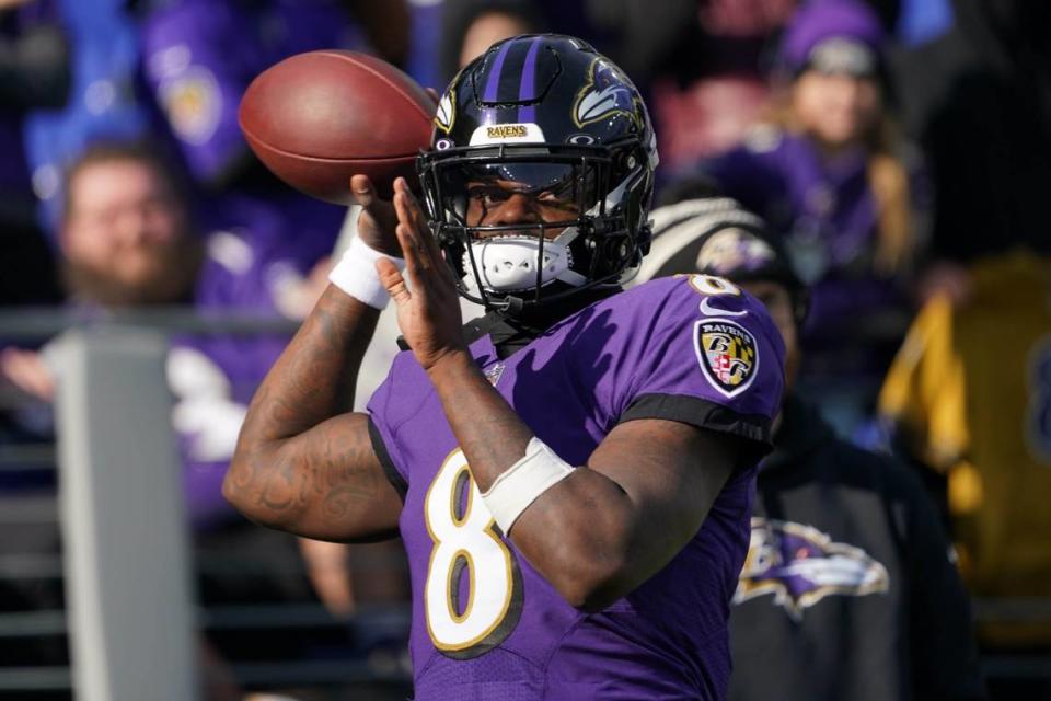 Baltimore Ravens quarterback Lamar Jackson completed 67.2% of his throws in 2023 for 3,678 yards with 24 touchdowns versus seven interceptions. The former Louisville star also ran for 821 yards and five TDs.