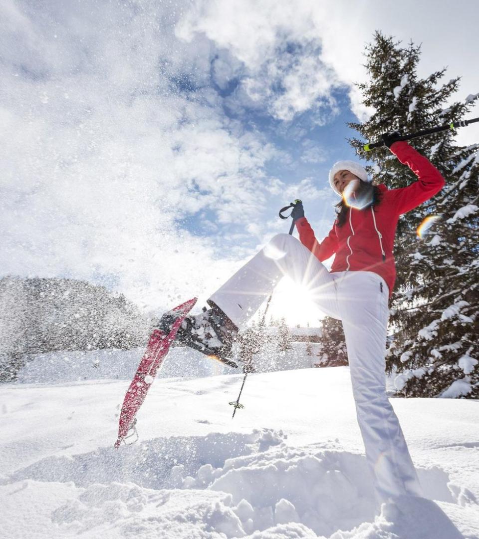 sinking into powder on snowshoes