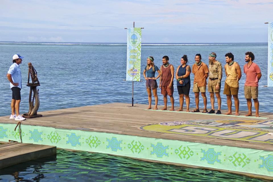 “Hiding in Plain Sight”– As the tide rises and falls, castaways hold their breath to find out who will win the immunity challenge. Also, one castaway will spy something hidden in plain sight, on SURVIVOR, Wednesday, Nov. 30 (8:00-9:00 PM, ET/PT) on the CBS Television Network, and available to stream live and on demand on Paramount+. Pictured (L-R): Jeff Probst, Cassidy Clark, Jesse Lopez, Karla Cruz Godoy, Owen Knight, Mike 'Gabler' Gabler, Sami Layadi and Cody Assenmacher. Photo: CBS ©2022 CBS Broadcasting, Inc. All Rights Reserved. Highest quality screengrab available.