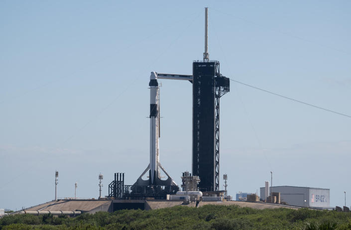 The Crew 5 Falcon 9 rocket was erected at pad 39A early Saturday. In a rarity for SpaceX, the rocket's first stage will be making its first flight when it blasts off Wednesday. / Credit: NASA