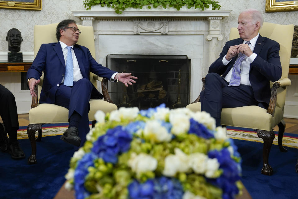 Colombian President Gustavo Petrospeaks during a meeting with President Joe Biden in the Oval Office of the White House in Washington, Thursday, April 20, 2023. (AP Photo/Susan Walsh)