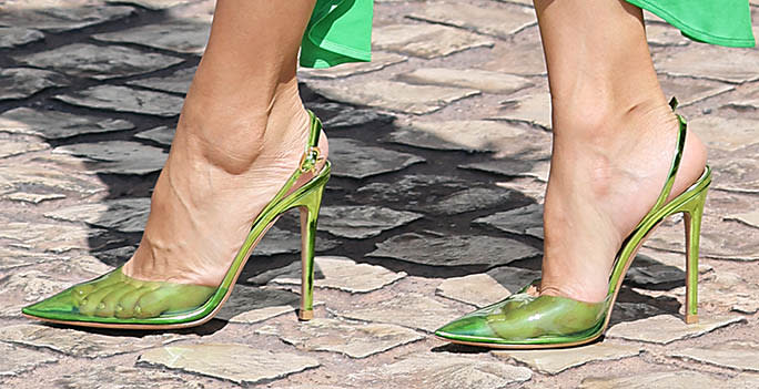 A closer look at Eva Longoria’s green PVC pumps. - Credit: Marijo Cobretti / SplashNews.com