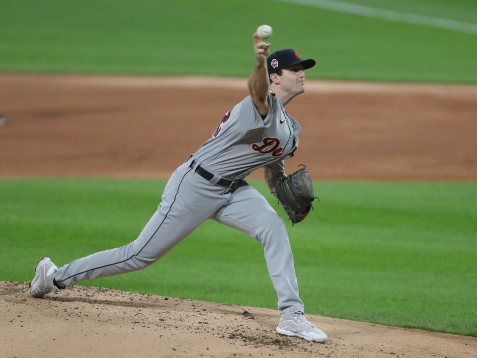 Detroit Tigers starting pitcher Casey Mize (12) delivers a pitch during the first inning against the Chicago White Sox at Guaranteed Rate Field.