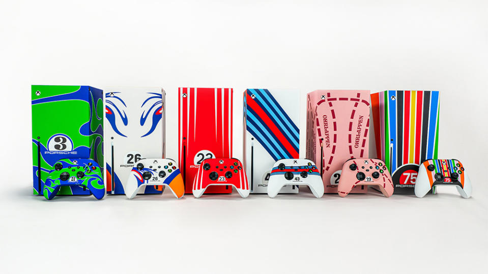 All six Porsche x Xbox gaming consoles created for the marque's 75th anniversary. 