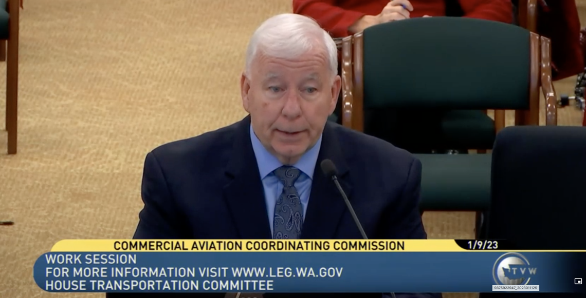 Warren Hendrickson, acting chair of state Commercial Aviation Coordinating Commission, presented lawmakers with an update on a selection process for a new domestic airport during a House Transportation Committee meeting Monday, Jan. 9, 2023.