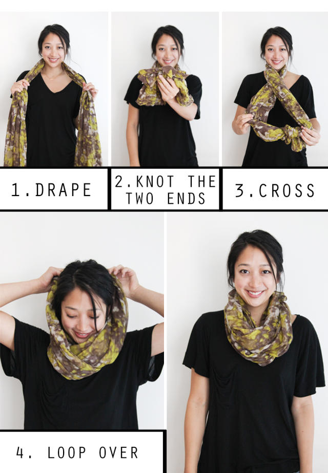 1. Simply wrap your scarf twice, tighter at the neck, and tie loosely. 2.  Fold your scarf in half, put …