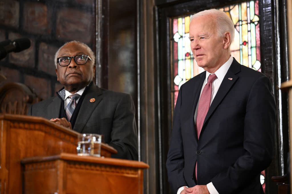 (Left to right) Rep. Jim Clyburn said President Joe Biden has delivered for Black Americans. Above, the two attend a January campaign event in Charleston, South Carolina. (Photo by Mandel Ngan/AFP via Getty Images)