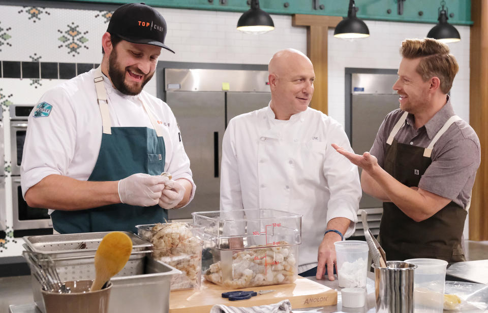 Gabe Erales, Tom Colicchio and Richard Blais on Season 18 of Top Chef (David Moir / NBCU Photo Bank / Getty Images)
