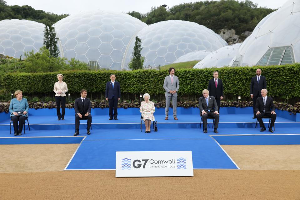 (Left to right) German Chancellor Angela Merkel, European Commission Ursula von der Leyen, French President Emmanuel Macron, Japanese Prime Minister Yoshihide Suga, Queen Elizabeth II, Canadian Prime Minister Justin Trudeau, British Prime Minister Boris Johnson, Italian Prime Minister Mario Draghi, President of the European Council Charles Michel and United States President Joe Biden (Getty Images)