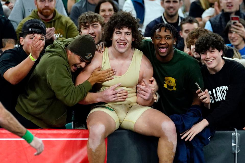 Jim Mullen of St. Joseph (Montvale) celebrates after winning the 285-pound state wrestling final at Boardwalk Hall in Atlantic City on Saturday, March 4, 2023.