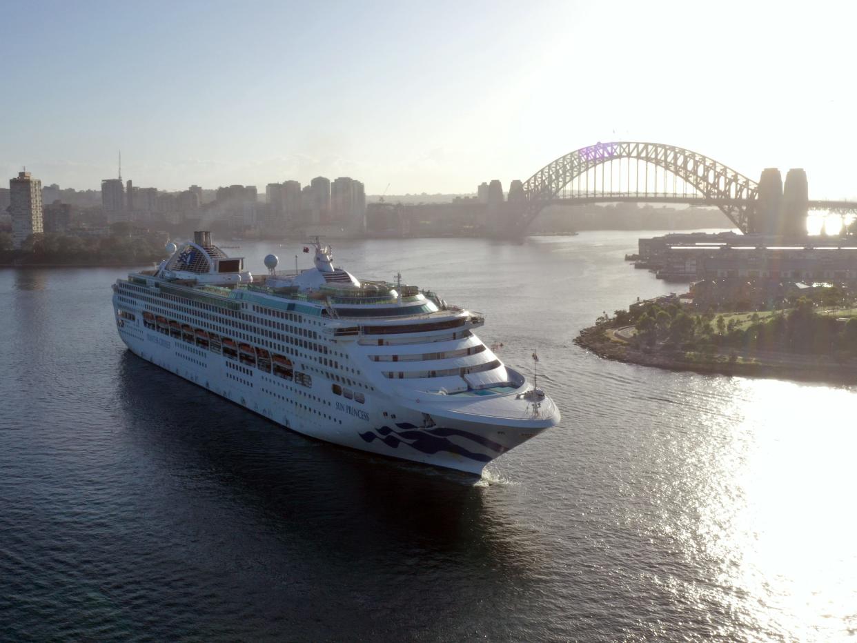 An aerial image of Princess Cruises' Sun Princess cruise ship arriving into White Bay terminal on March 21, 2020 in Sydney, Australia.