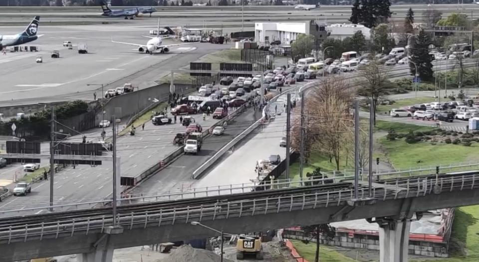 Anti-Israel protestors blocking the road to Seattle-Tacoma International Airport. king5