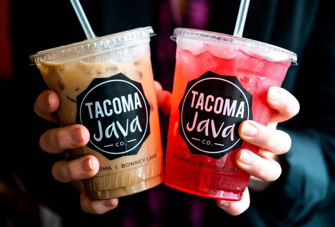 Tacoma Java Co. offers blended coffee like the Lavender Nirvana (left) and Lotus energy drinks in endless flavors. At the shop’s daily happy hour, 11 a.m.-1 p.m., buy a drink, get the second half-off.