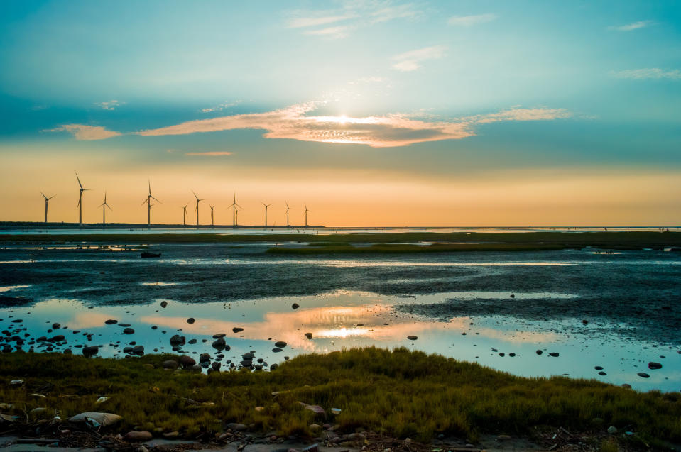 Wind turbines at sunset by the shore.