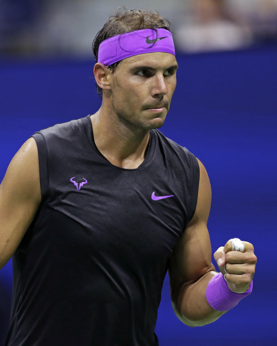 Rafael Nadal, of Spain, reacts after winning a game against John Millman, of Australia, during the first round of the U.S. Open tennis tournament Tuesday, Aug. 27, 2019, in New York. (AP Photo/Adam Hunger)