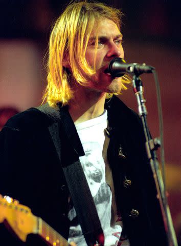 <p>Jeff Kravitz/FilmMagic</p> Kurt Cobain during MTV 'Live and Loud: Nirvana Performs Live'.