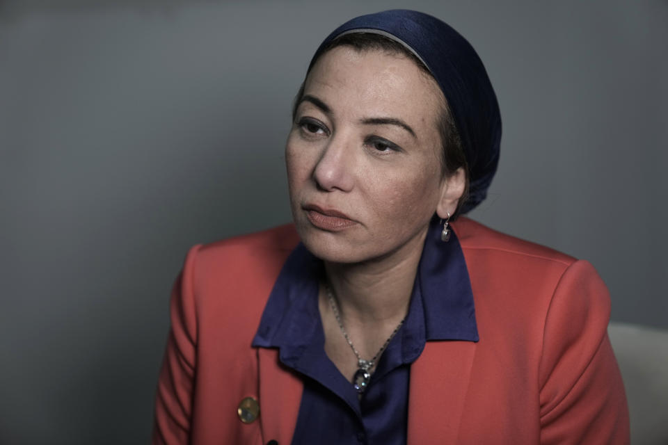 Egypt's Environment Minister Yasmine Fouad speaks with The Associated Press at the COP27 U.N. Climate Summit, Saturday, Nov. 12, 2022, in Sharm el-Sheikh, Egypt. (AP Photo/Nariman El-Mofty)