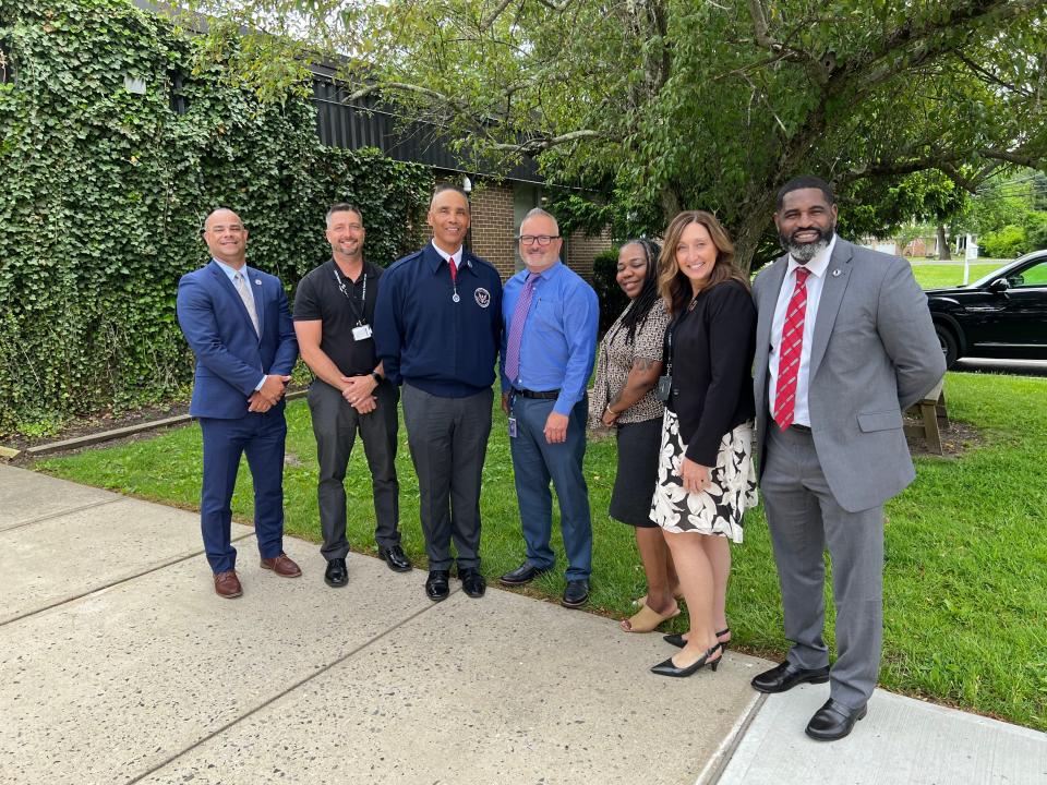 White House appointee visits Jonas Salk Middle School. (Left to right): Kyle Andersen, William Rezes, Rob Wilkins, David Cittadino, Anita Champagne, Kathleen Hoeker, and Abdulsaleem Hasan.