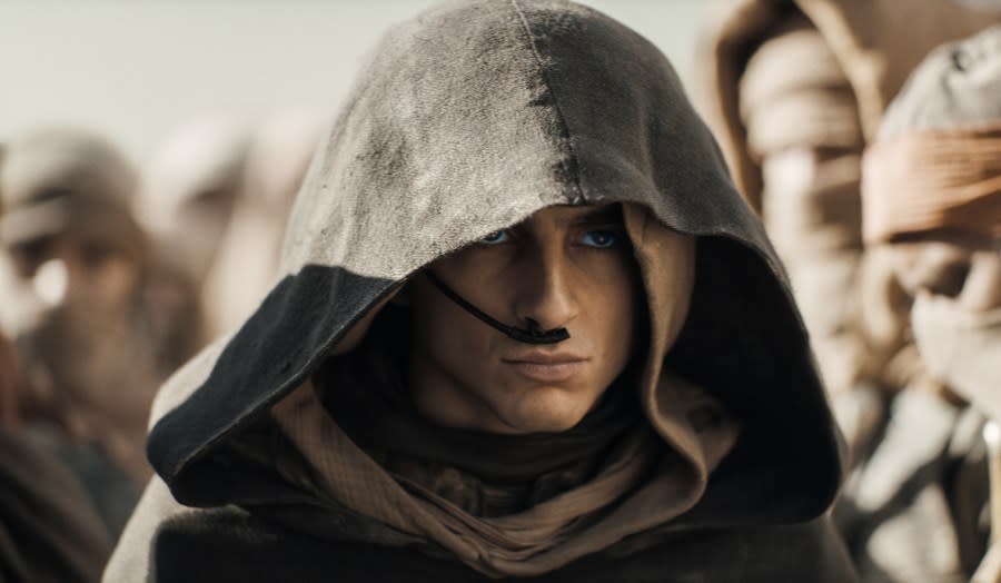 This image released by Warner Bros. Pictures shows Timothee Chalamet in a scene from “Dune: Part Two.” (Niko Tavernise/Warner Bros. Pictures via AP)