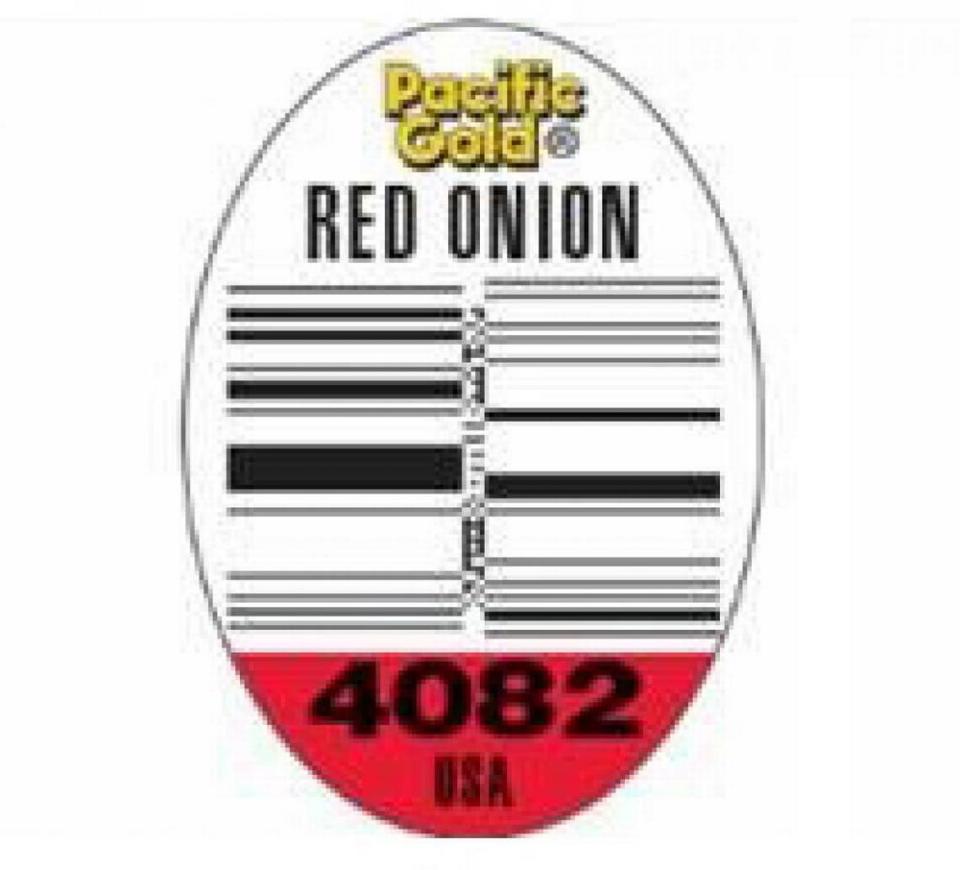 Pacific Gold brand red onion sticker, marking onions from Progressive Produce