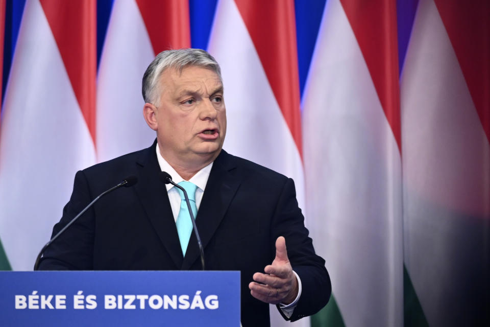 FILE - Hungarian Prime Minister Viktor Orban speaks during a yearly State of the Nation address in Budapest, Hungary, Saturday, Feb. 18, 2023. A country with authoritarian leanings spends millions, maybe billions, to put itself on center stage in sports. It's hardly a new concept, though the country hosting this year's world championships is not China or Qatar or Russia. Rather, it's Hungary, which is bringing major events to its capital at a steady clip under the leadership of far-right prime minister Viktor Orban. Could this country of around 10 million be angling for an Olympics down the road, too? (AP Photo/Denes Erdos, File)