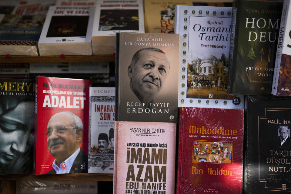 A book titled "A fairer world is possible" by Turkish President Recep Tayyip Erdogan is displayed in a bookshop in Istanbul, Turkey, June 20, 2023. The Turkish central bank faces a key test Thursday June 22, 2023, on turning to more conventional economic policies to counter sky-high inflation after newly reelected President Recep Tayyip Erdogan gave mixed signals about an approach that many blame for worsening a cost-of-living crisis. (AP Photo/Francisco Seco)