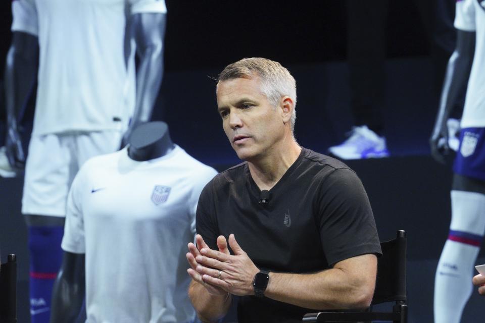 Aaron Barnett, senior product director of Nike Global Football Apparel, speaks during Nike's display of U.S. soccer World Cup uniforms Wednesday, Aug. 31, 2022, in New York. (AP Photo/Bebeto Matthews)