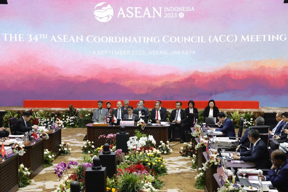 Indonesian Foreign Minister Retno Marsudi, center, delivers her remarks during the 34th Association of Southeast Asian Nations (ASEAN) Coordinating Council (ACC) meeting, ahead of the ASEAN Summit, at the ASEAN Secretariat in Jakarta, Indonesia, Monday, Sept. 4, 2023. (Willy Kurniawan/Pool Photo via AP)